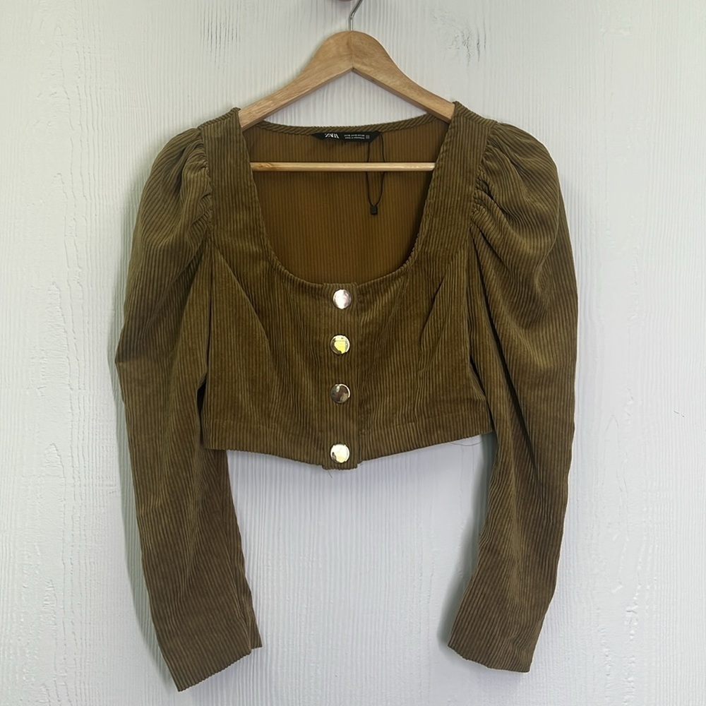Zara - Dark Camel Corduroy Long Sleeve Large Button Crop Top Size Small - Picture 10 of 12